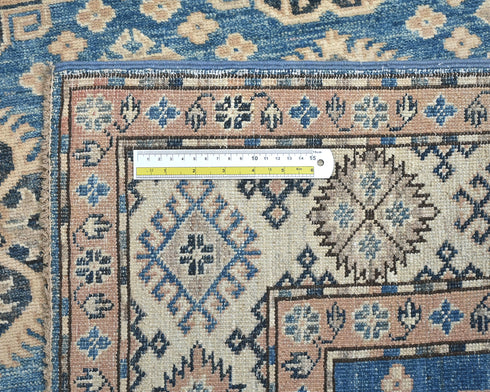 4x6 Ft Blue Kazak Afghan Hand Knotted Geometric Design Wool Area Rug